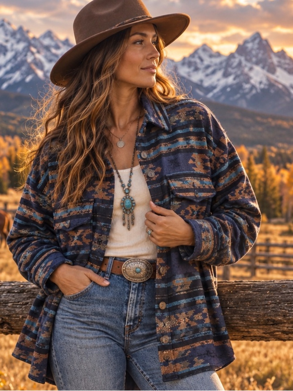 Blue Pepper Southwestern Aztec Print Button-Front Shirt Jacket